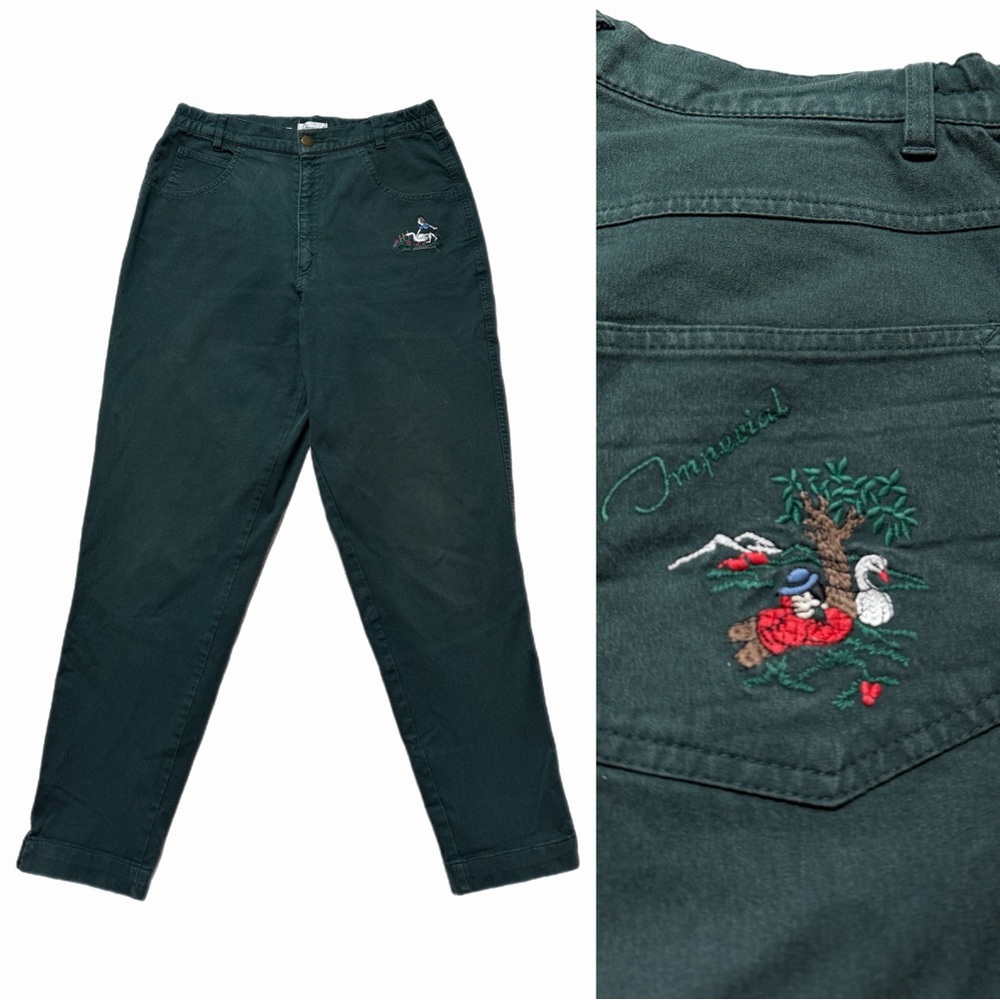 VTG 90s Imperial Landhaus Dark Green Goose Embroidered Cottage Core Pants 29